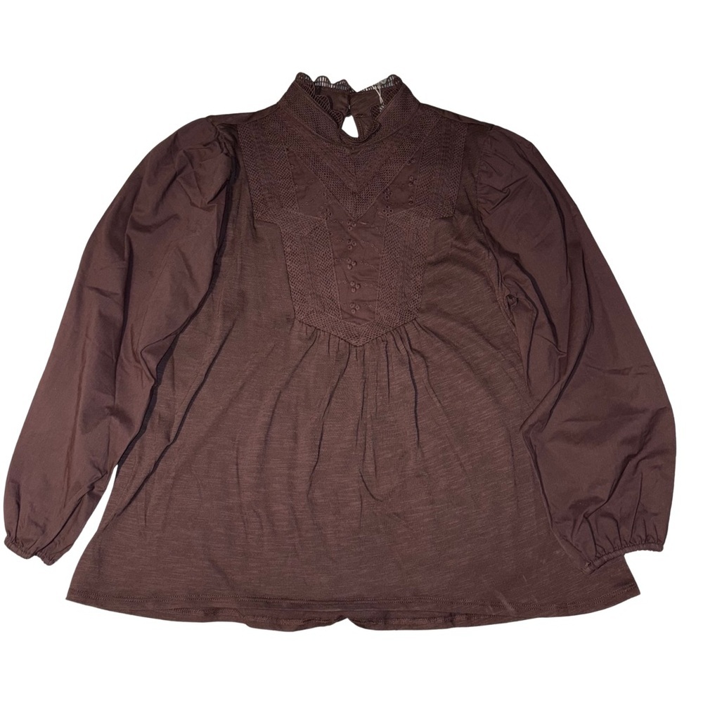 Cupio Chocolate/Plum Mandarin Collar Ruffled Blouse